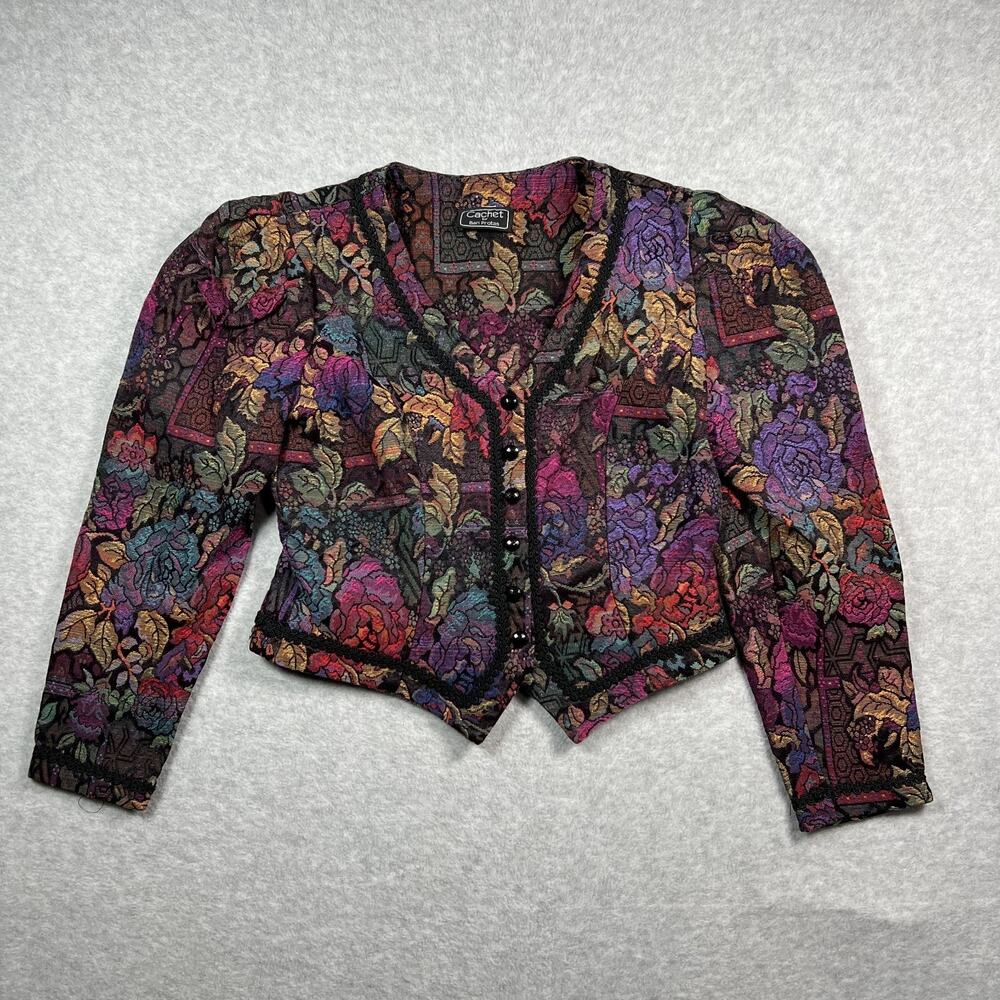 Vintage Cachet 80s Cropped Blazer Women's Size 7/8 Multicolored Floral Tapestry